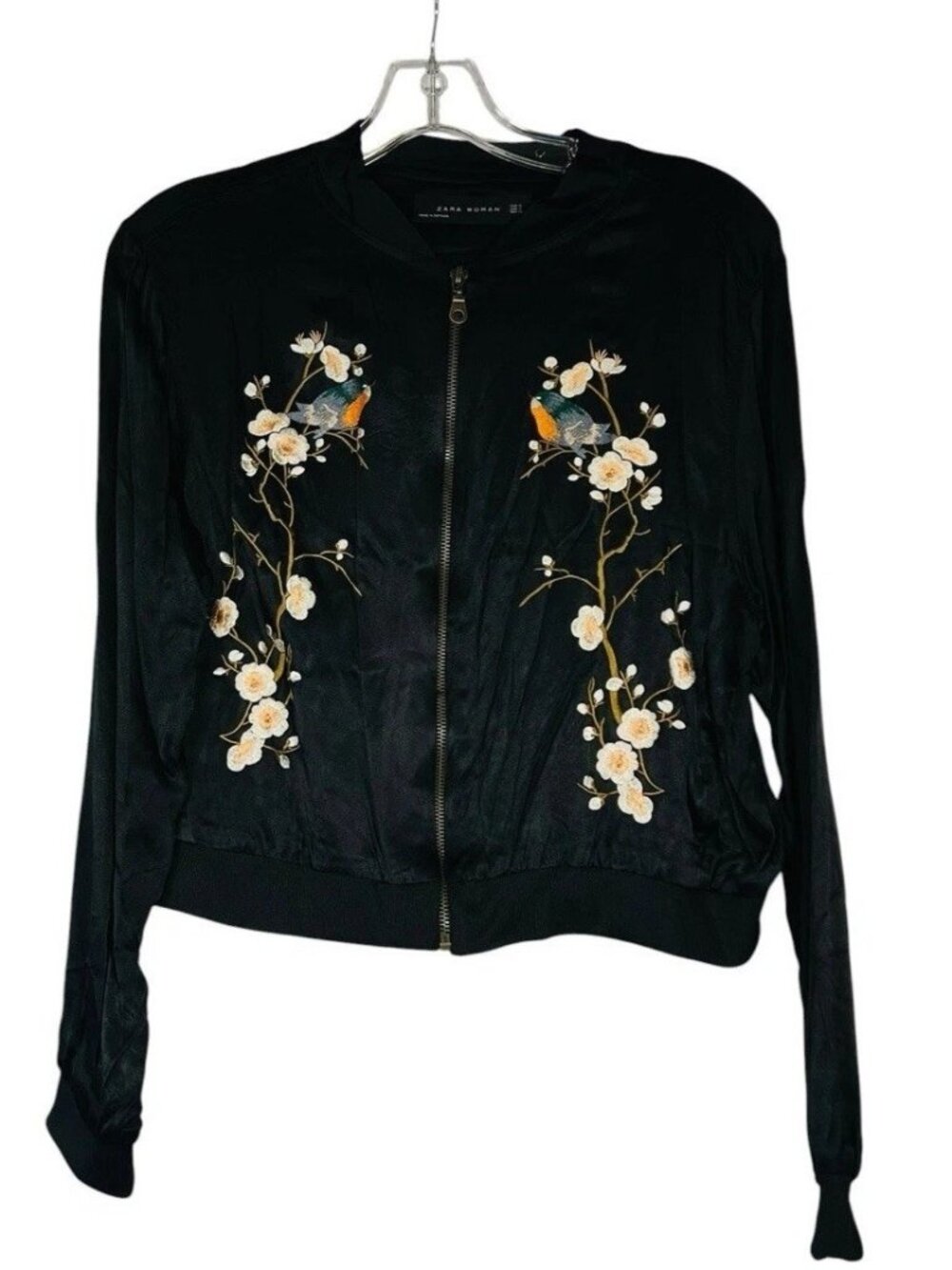 Zara Embroidered Bomber Jacket - Small - Black Satin Bird Floral Blossom Zip